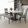 63" Modern Style 6-piece Dining Table with 4 Chairs & 1 Bench, Table with Marbled Veneers Tabletop and V-shaped Table Legs (White)